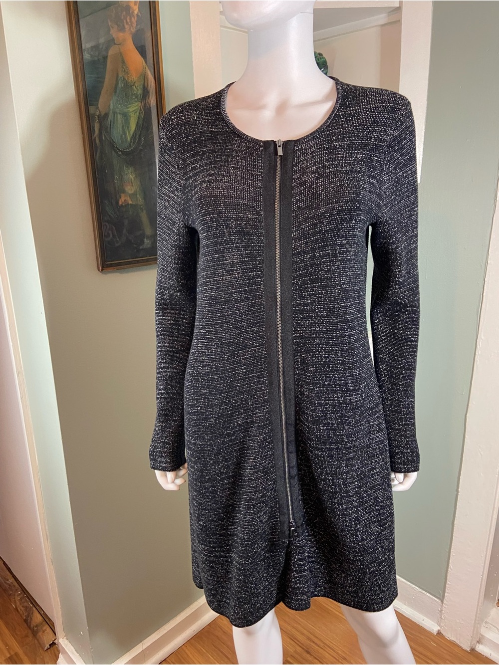Talbots Black Marled Long-Sleeve Full Zip Front Knit Sweater Mini Shift Dress S
